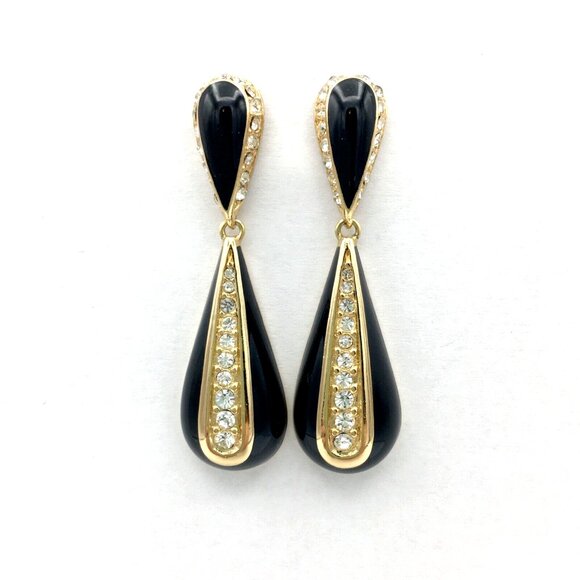 CHRISTIAN DIOR rhinestone teardrop dangle earrings - gold-tone black enamel 2" - Picture 1 of 8